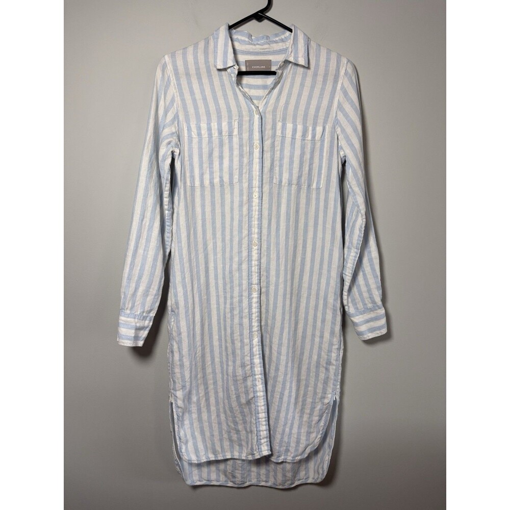 Everlane Linen Shirt Dress Blue White Stripe Long Sleeve Womens Size 2 Pockets